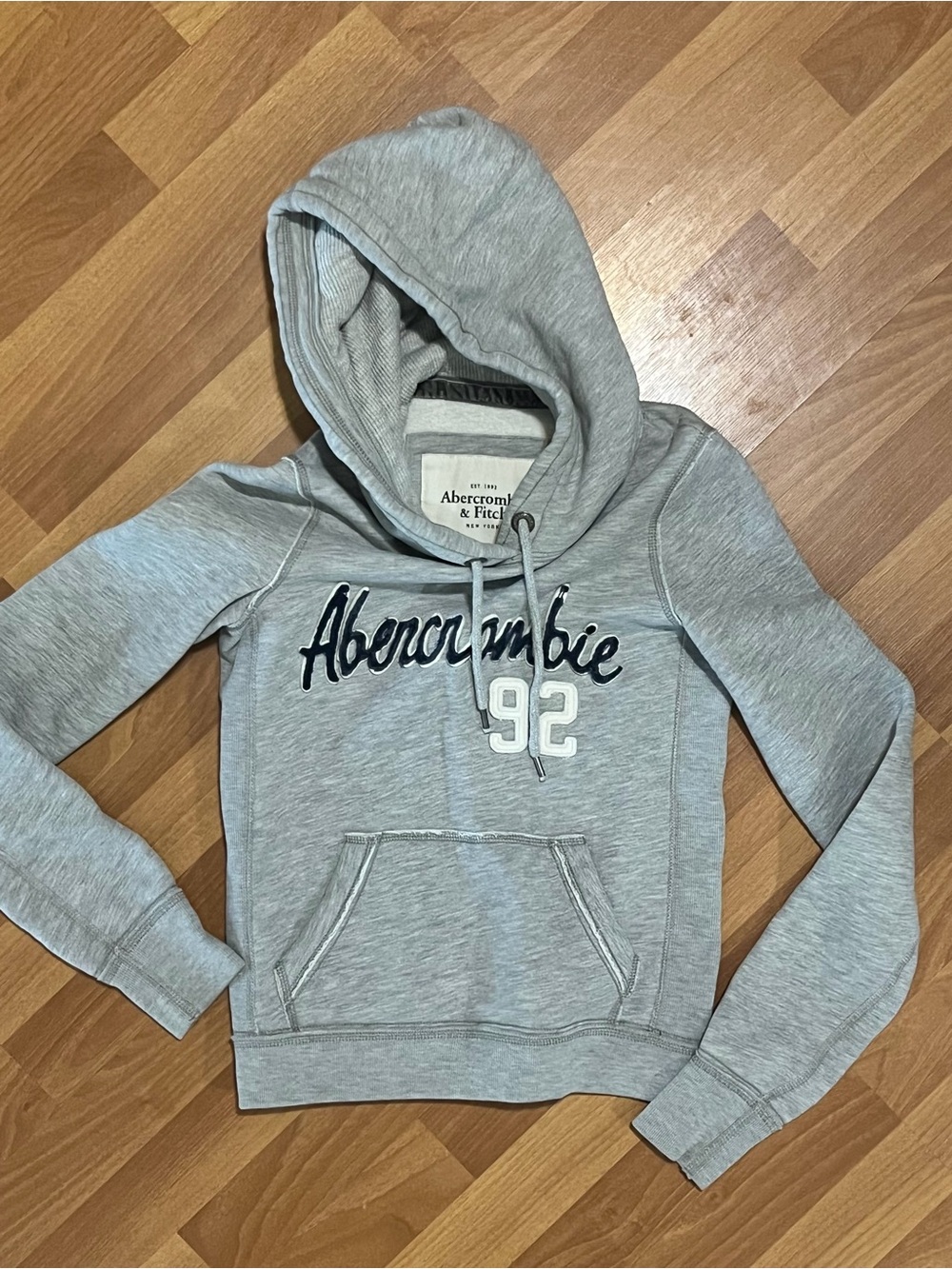 Abercrombie Light Gray Pullover Hoodie with Navy Script and White '92